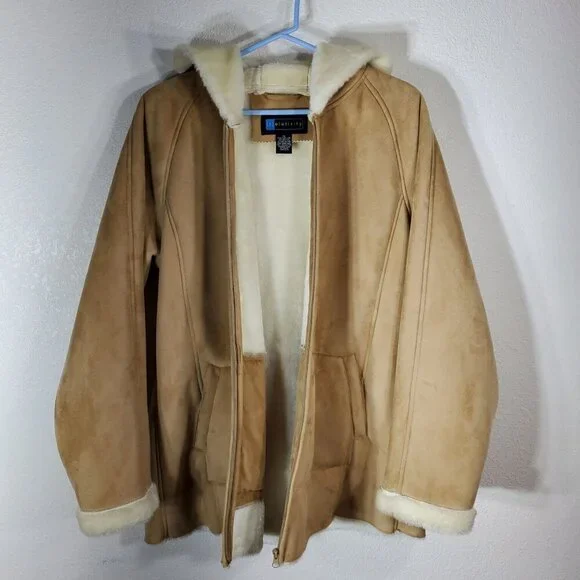 Relativity Womens  XL Tan Faux Suede Sherpa Lined Hooded Coat - Picture 2 of 9